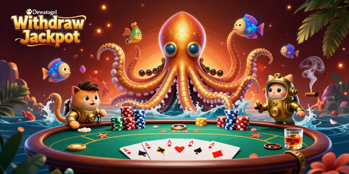 Dewatogel Withdraw Jackpot offers a colorful scene with a kraken, diving cat, and poker elements illustrating casino excitement.