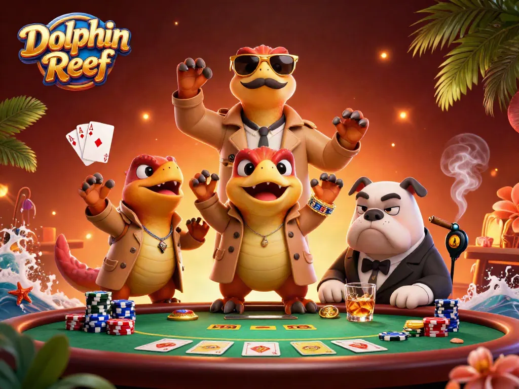 เล่นเกม Dolphin Reef อย่างตื่นเต้นในคาสิโนสุดหรู โดยมีไดโนเสาร์แสดงในชุดสูท