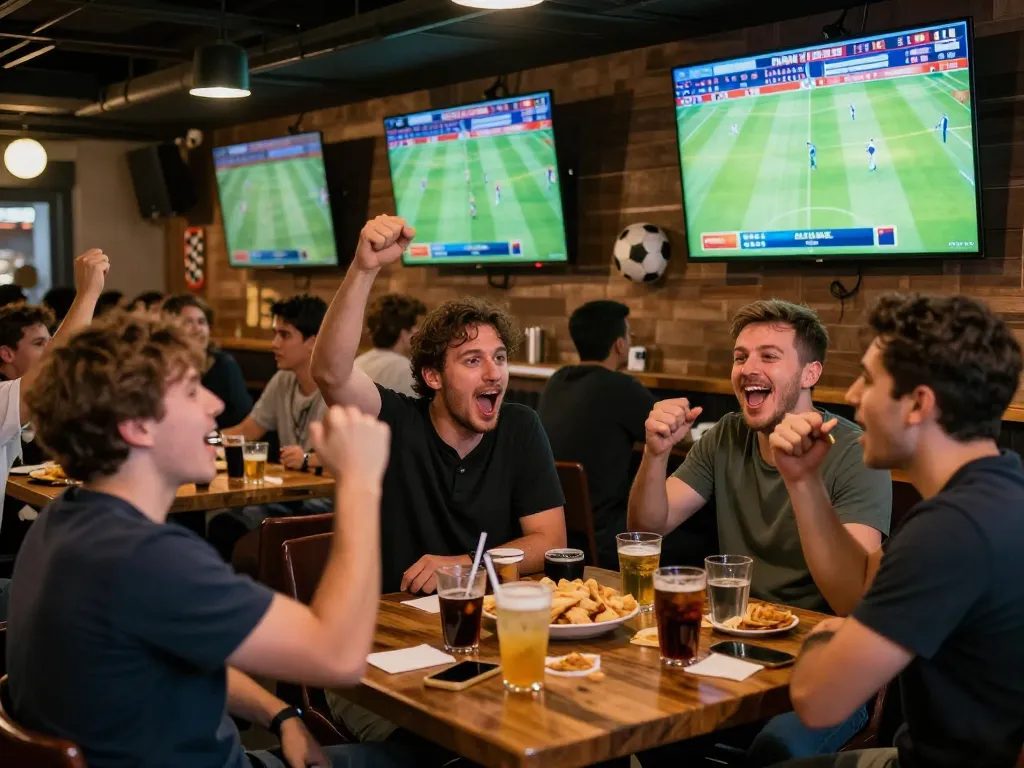 Suasana menarik dari para penggemar yang terlibat dalam taruhan link mix parlay selama acara sepak bola di suasana bar yang meriah.