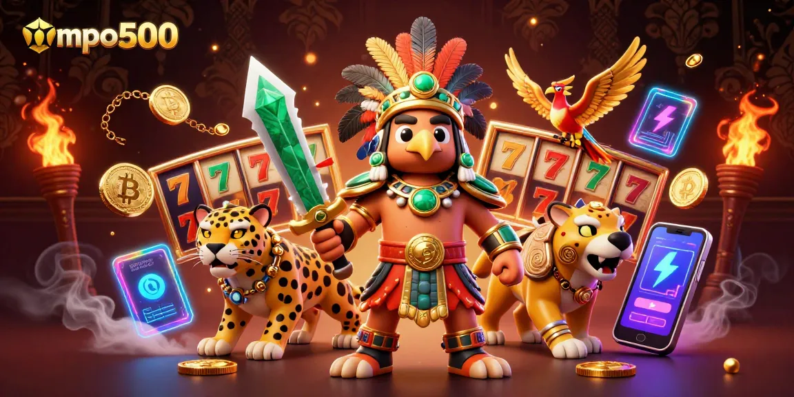 Engage with mpo500 through an immersive scene of slot games featuring Aztec warriors.