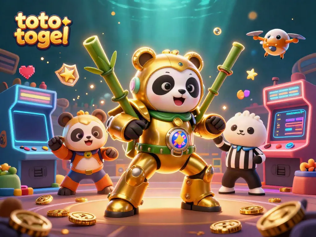 Engage in thrilling toto togel action with a vibrant gaming scene featuring animated characters and colorful arcade elements.