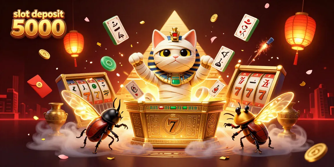 Engage with thrilling games at slot deposit 5000 featuring a mummy cat and lucky symbols in a vibrant casino.