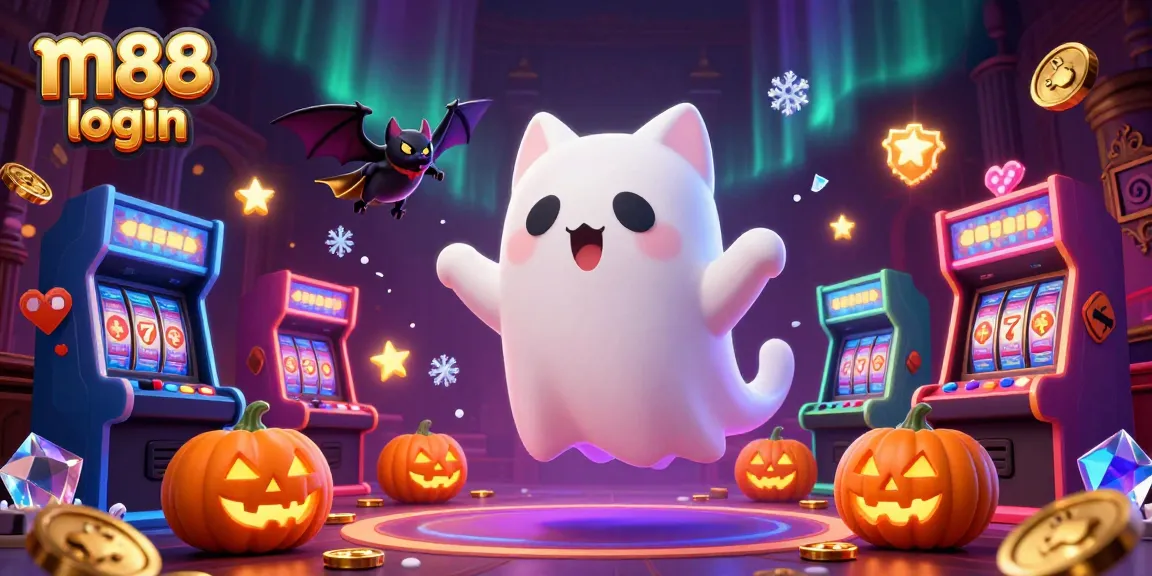 Experience thrilling m88 login action with a ghost cat and bat in a vibrant casino setting.
