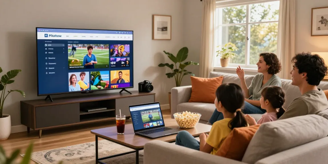 Pikashow streaming on a large TV in a cozy living room with family enjoying popcorn, highlighting its engaging content.