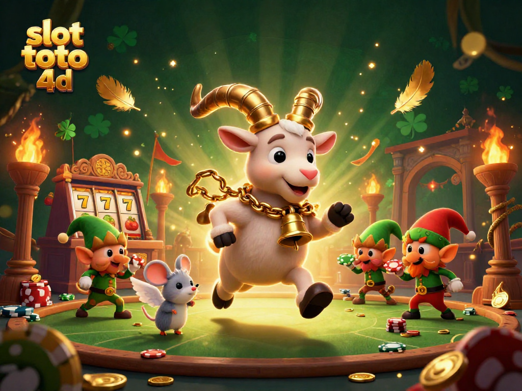 Engage in the festive slot toto 4d experience amid a dynamic casino scene with animated characters.