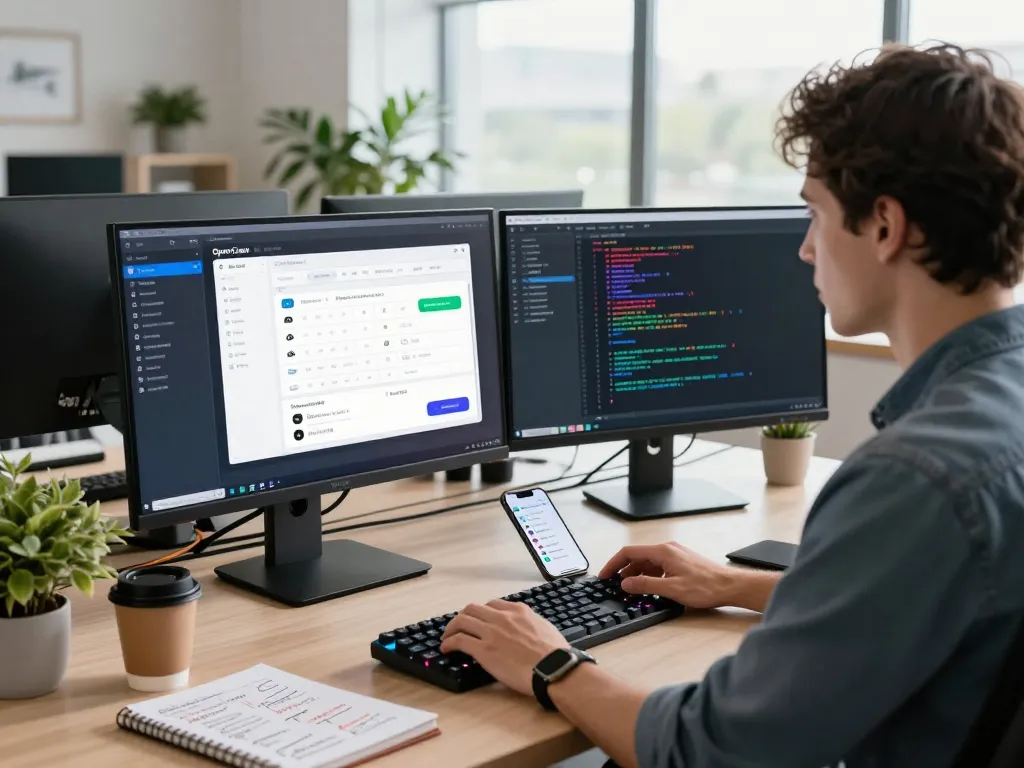Developer using OpenClaw personal AI assistant in a modern workspace with dual monitors and coding.