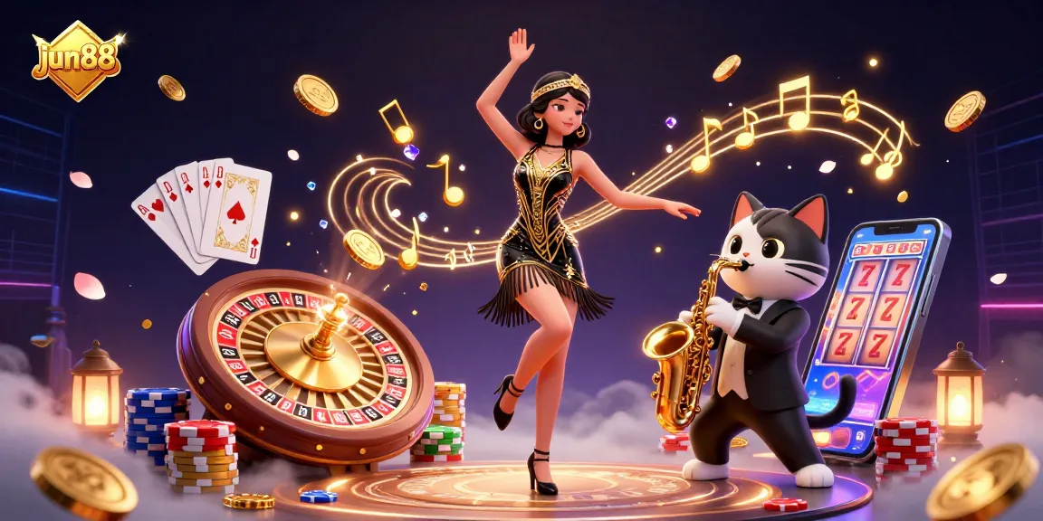 Experience winning at jun88 with vibrant casino elements, from spinning roulette to sparkling coins.