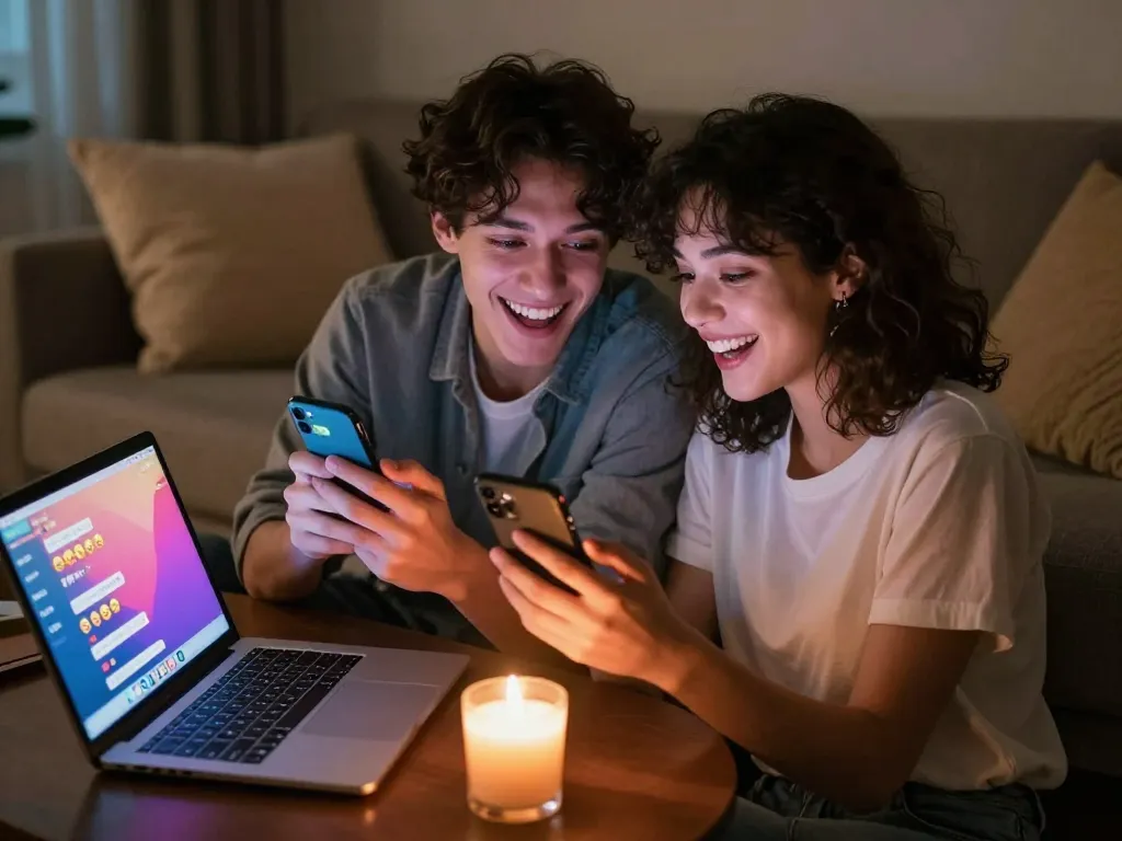 Engaging NSFW AI chat scene with a playful couple enjoying digital intimacy in a cozy atmosphere.