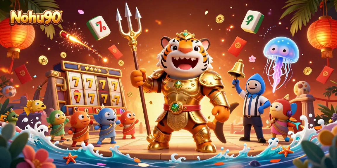 Nohu90 casino illustration showcasing an epic underwater scene with a tiger shark, slot reels, and vibrant decorations