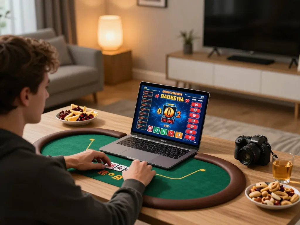 Person engaging in an exciting poker game on laptop while using okfun gaming platform in a cozy home setting.