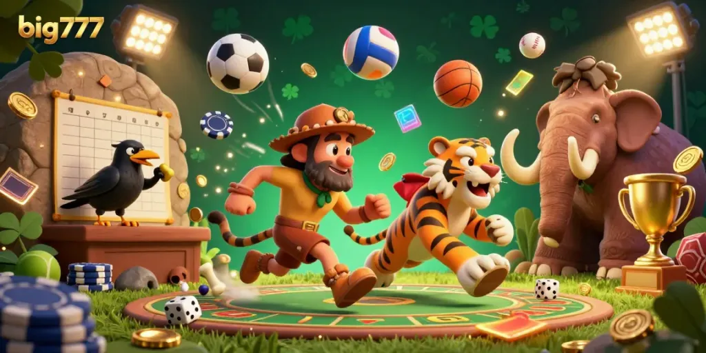 Engage with big777 in a lively casino scene showcasing sports elements, cartoon characters, and rich details.