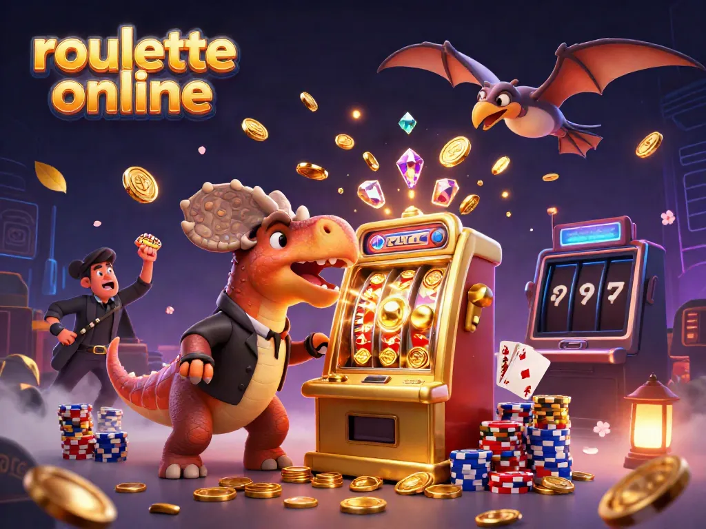 Experience the thrill of roullete online with a lively 3D casino scene featuring dinosaurs and golden winnings.