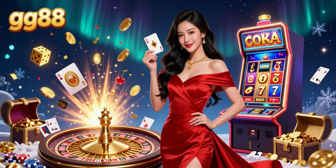 Win big with gg88 in an exciting casino scene featuring a beautiful dealer beside a golden roulette wheel.