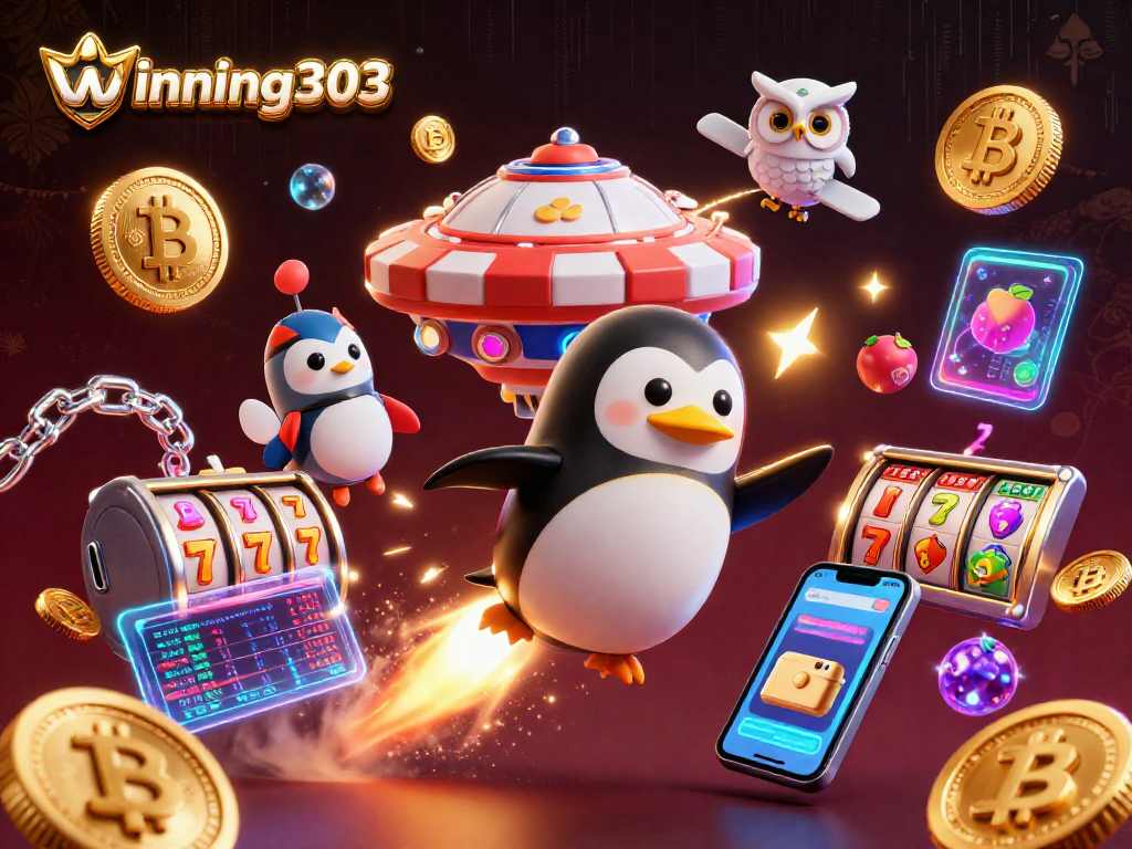 Engage with winning303 as the golden penguin races to a casino space station surrounded by crypto elements.