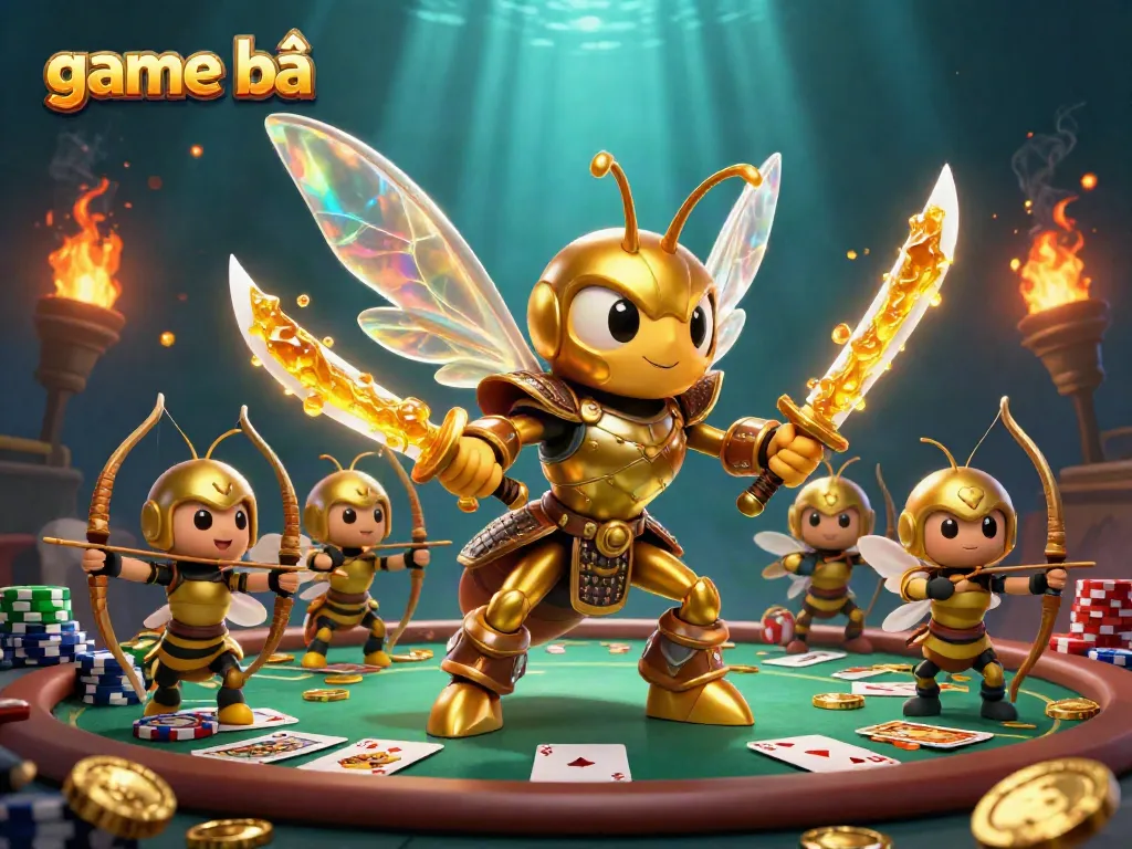 Experience the excitement of game bài with a golden hornet samurai and bee archers amid poker elements.
