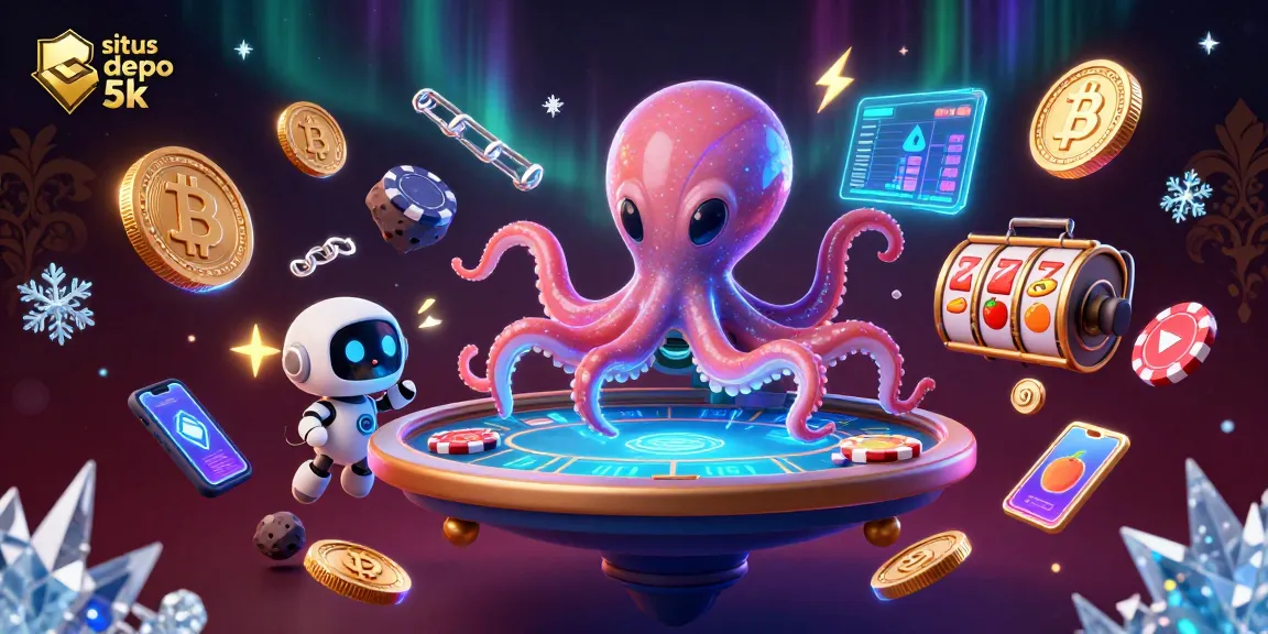 Engage with situs depo 5k through a vibrant 3D casino scene featuring an alien octopus and futuristic gambling elements.