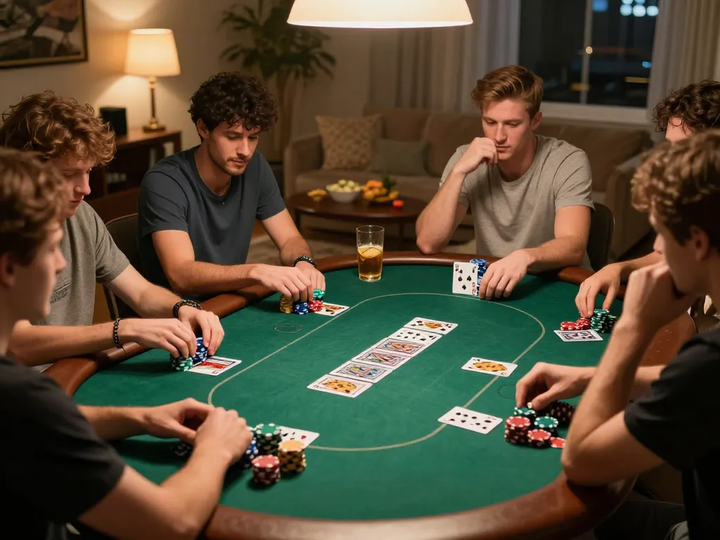 Teman-teman merencanakan strategi dalam permainan poker yang mendebarkan sambil menikmati hiburan di rumah di daftar mpo777