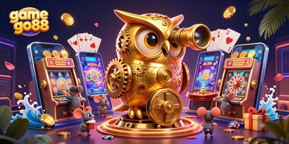Experience game go88 through a vibrant 3D illustration of a golden owl and casino elements.