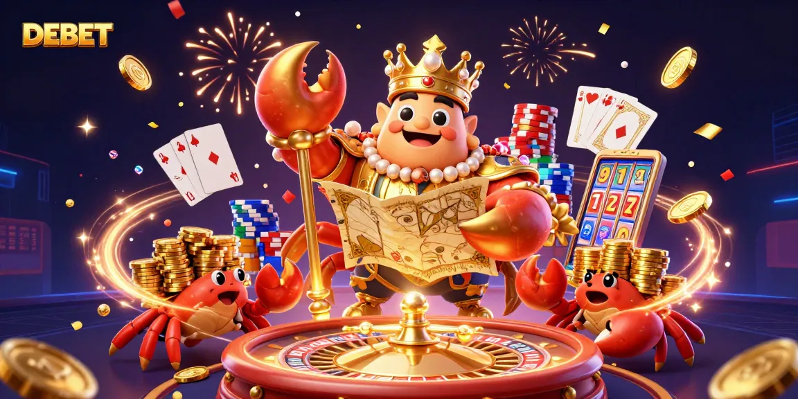 DEBET the crab emperor leads a treasure hunt in a lively casino setting with gems and gold.
