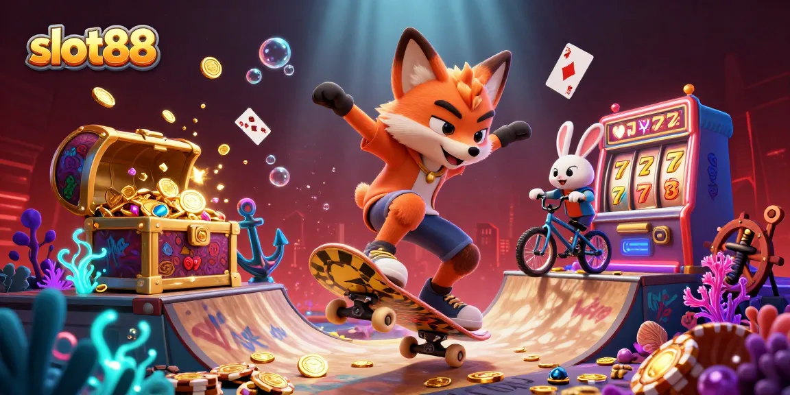 Join the thrill of slot88 with a skateboarder fox and BMX rabbit amidst vibrant casino graphics.