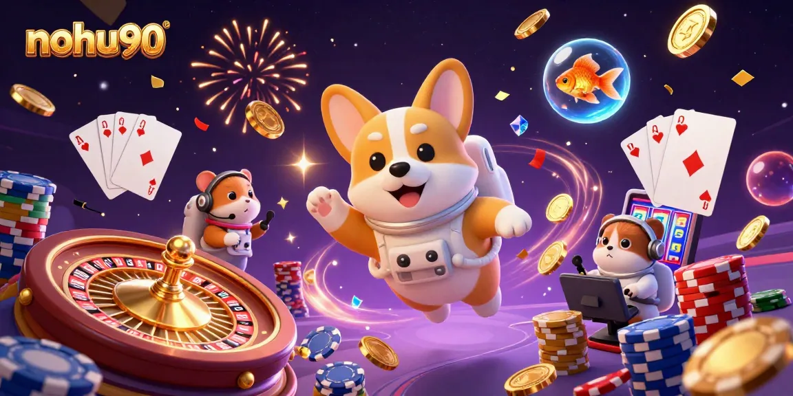 Nohu90 offers vibrant casino fun with a floating astronaut corgi, eagerly spinning reels and soaring chips!
