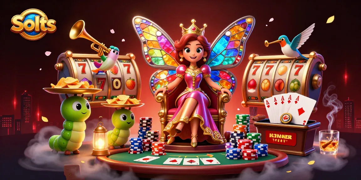 Experience vibrant Slots action with a butterfly queen amidst dazzling game elements and poker chips