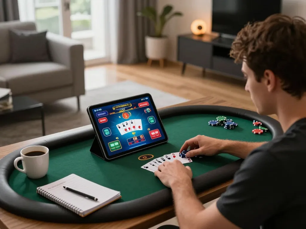 Engaging in online poker gaming on 388bet, showcasing vibrant interface and strategy notes