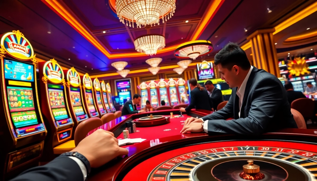 Players enjoying QQMacan at a vibrant casino filled with slot machines and roulette tables.