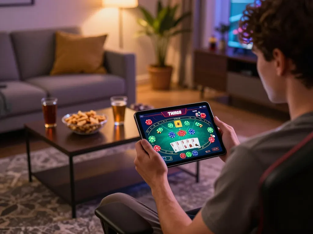 TWIN68 online player engaged in a poker game with vibrant interface and cozy ambiance