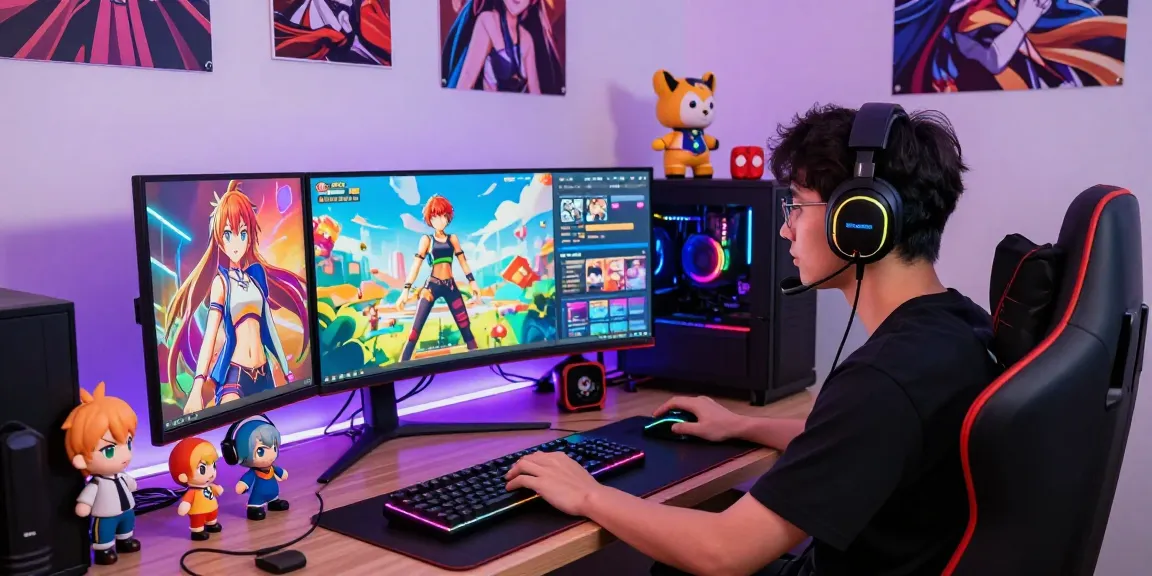 Engaging scene of a young gamer deeply focused on a colorful hentai game, surrounded by anime figurines and vibrant gaming gear.