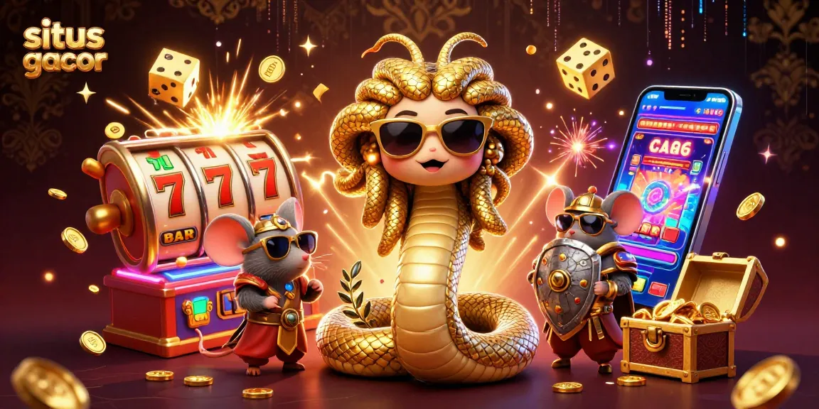 Situs gacor showcases a vibrant 3D casino scene with Medusa, a warrior mouse, and slot symbols.