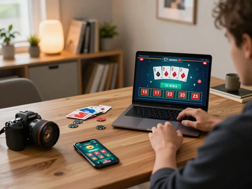Engaging in strategic blackjack gameplay on a laptop at home while tracking tr88 bets on a smartphone.