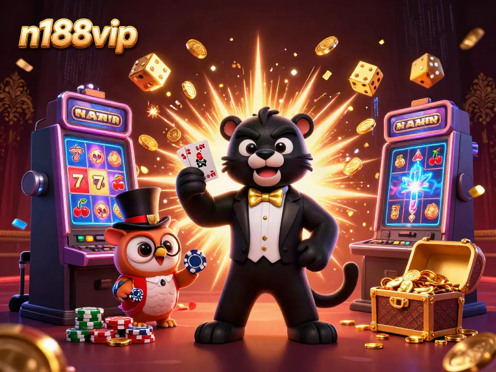 Engage with n188vip in a colorful 3D casino scene featuring characters, slot machines, and vibrant game elements.