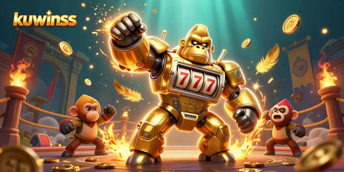 Experience thrilling gameplay at kuwinss with a dynamic illustration featuring a golden gorilla mech amidst exciting casino elements.