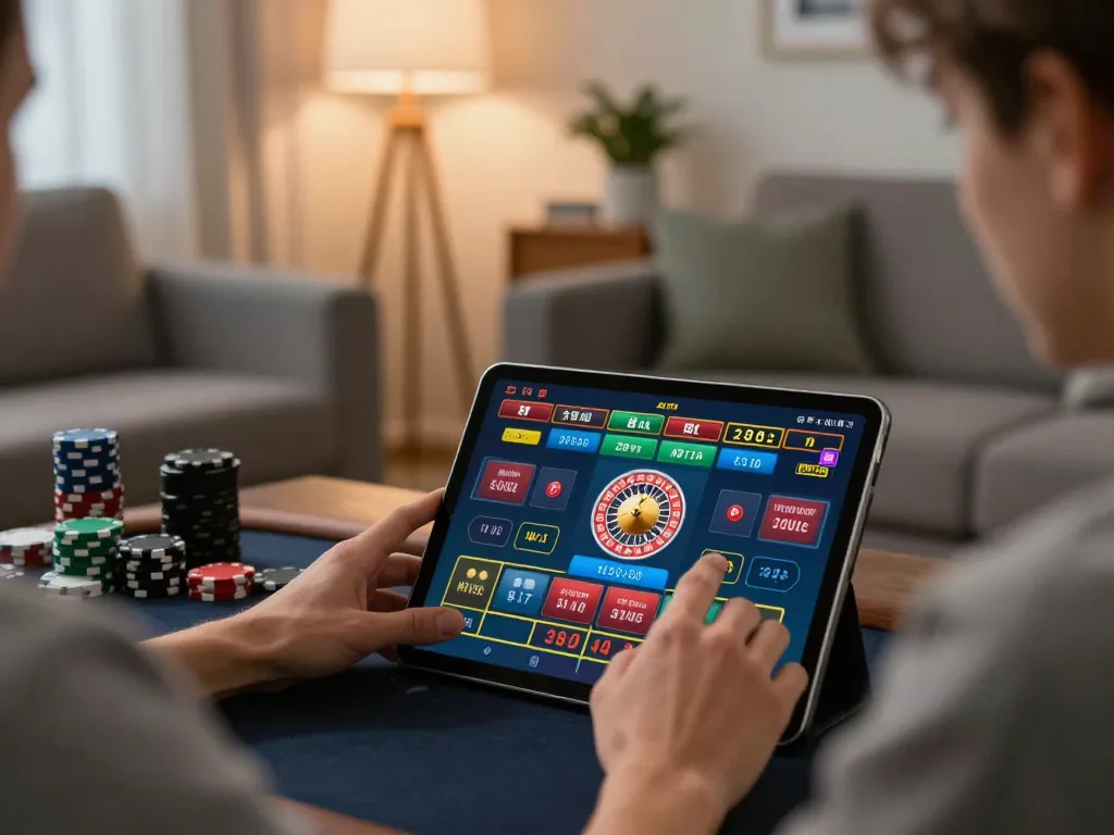 123hero engages in live roulette betting in a cozy home setting with a tablet