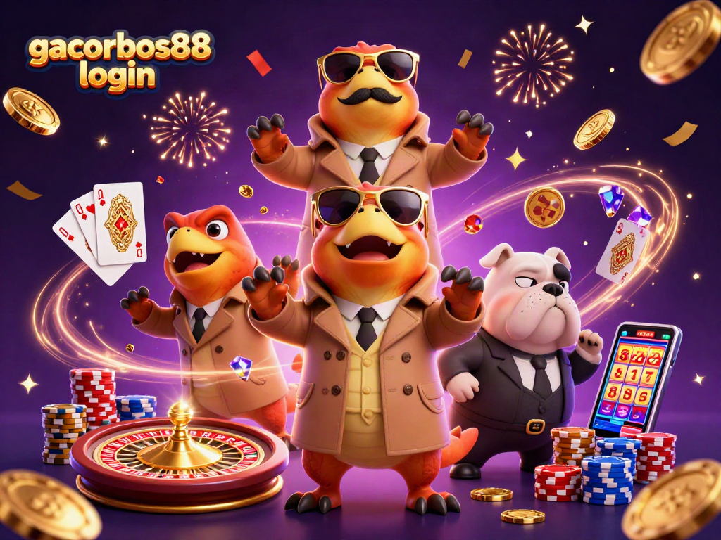 Gacorbos88 login to join the excitement with cartoon raptors in a casino scene.