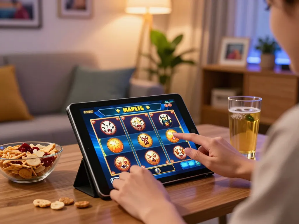 Engaging in slot gacor gameplay on tablet in a cozy home setting.