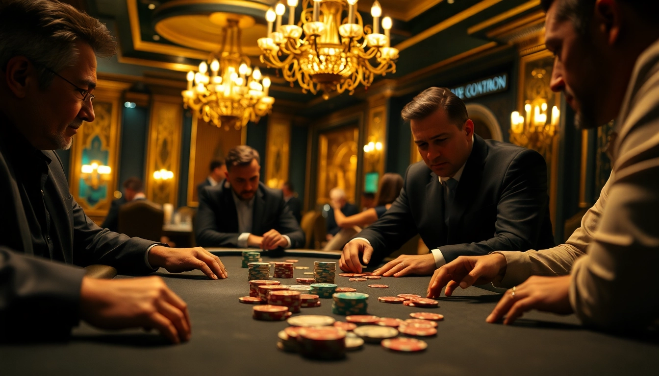 Engaging poker game at w88cas.com with vibrant casino atmosphere and luxury decor.