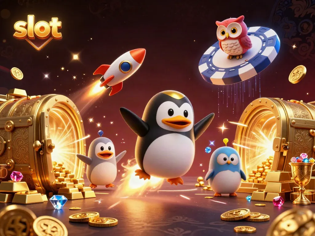 Slot-themed illustration of a golden penguin flying towards a casino space station, filled with treasure.