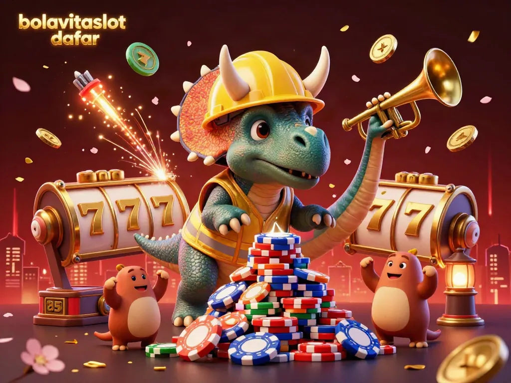 Celebrate big wins at bolavitaslot daftar with a fun, vibrant 3D casino scene featuring friendly dinosaurs.