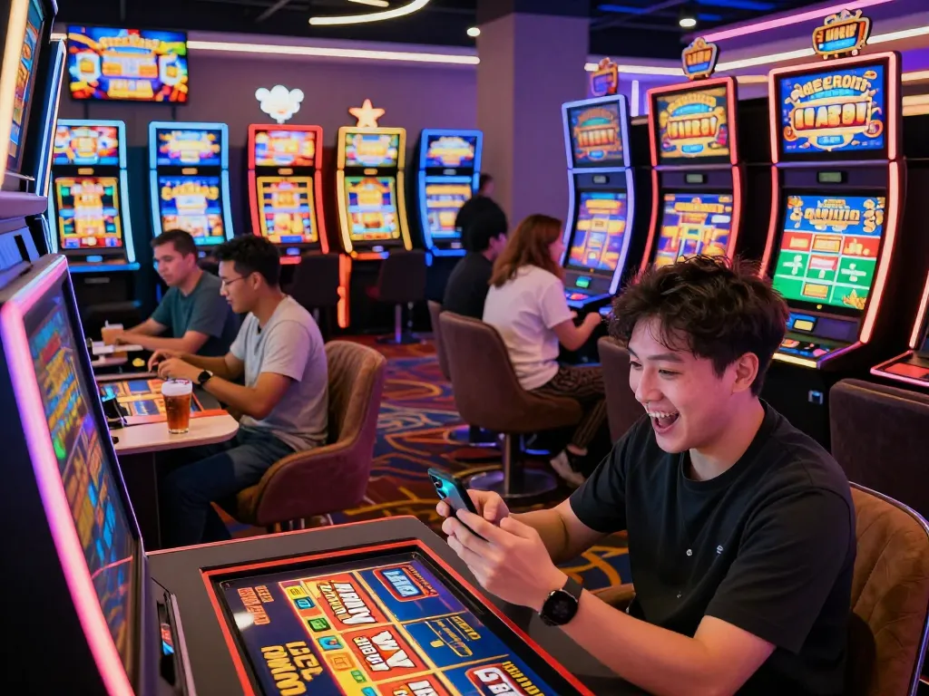Excited players using free credit mega888 on smartphones in a lively casino.