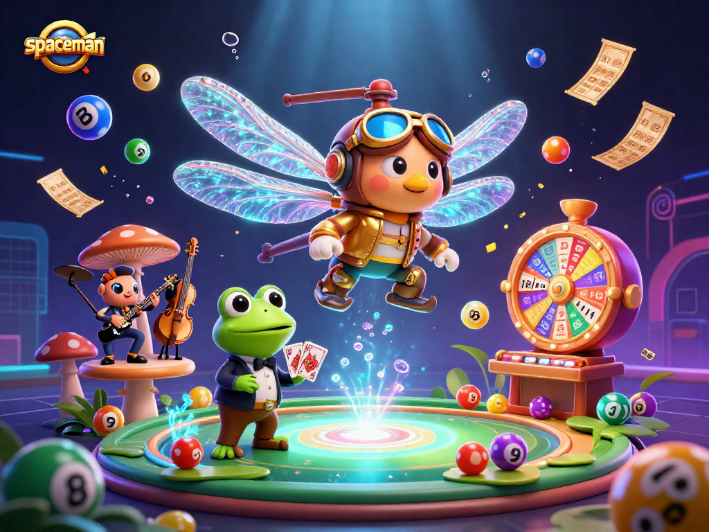 Engage with spaceman-themed casino fun featuring a vibrant dragonfly pilot, frog croupier, and lively jazz ensemble.
