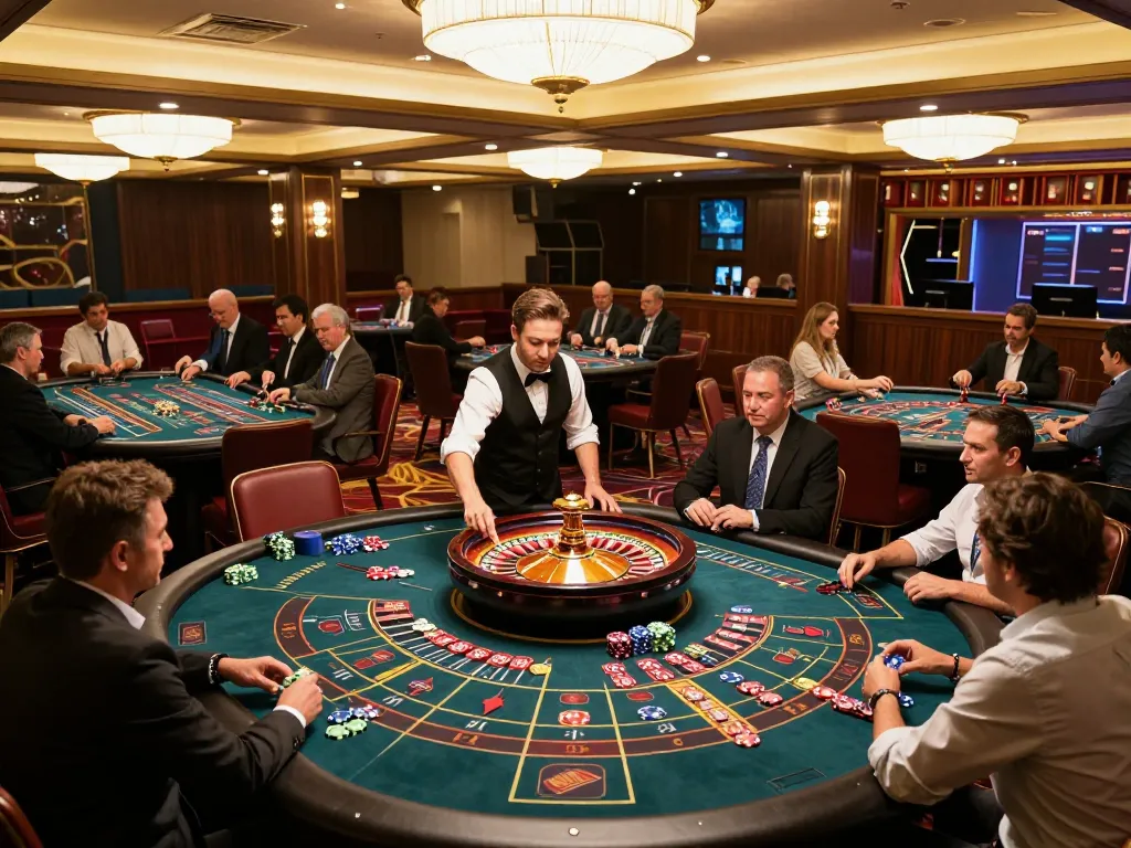 Experience thrilling gameplay at roulette tables in large casino with engaging players and croupiers, tr88 strategies at play.