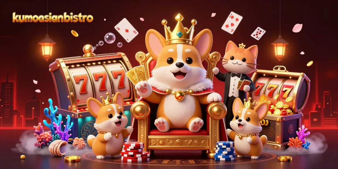 Permainan slot dan jackpot di kumoasianbistro memiliki corgi bermahkota dan kat butler dalam ilustrasi 3D menarik.