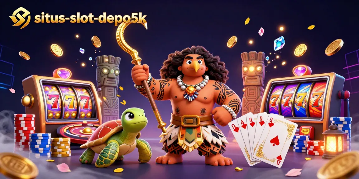 Engage in thrilling jackpots at situs-slot-depo5k with slot machines, golden coins, and dynamic characters.
