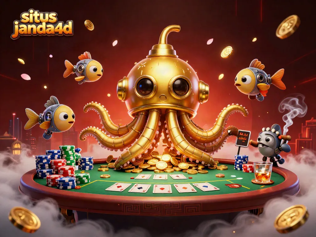 Permainan situs janda4d dengan karakter 3D kraken dan elemen permainan poker diselingi koin emas.