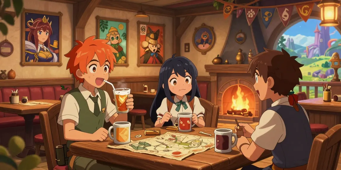 Enthralling ecchi game moment in a fantasy tavern setting with animated characters, capturing playful interactions and vibrant decor.