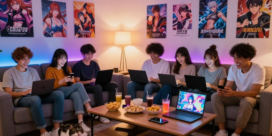 Group playing a hentai game on laptops in a vibrant living room