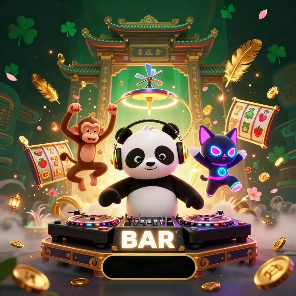 DJ panda, dancing monkey, and glow-stick kitten amid neon casino treasure and temple lights