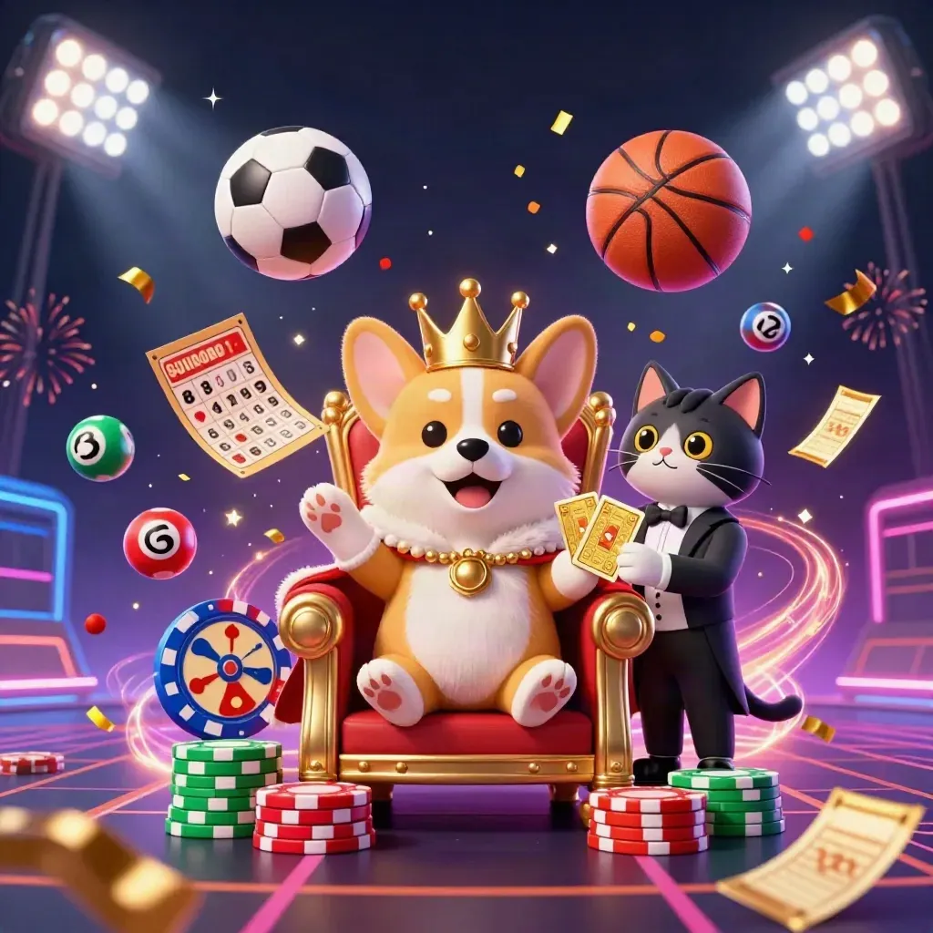 Royal corgi and cat butler amid flying casino balls, chips, confetti, and neon light.